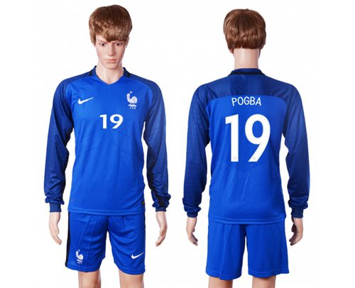 France #19 Pogba Home Long Sleeves Soccer Country Jersey - Click Image to Close
